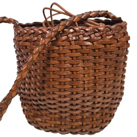 Vintage Ellepi Woven Bucket Bag Brown Leather Crossbody Drawstring Cottagecore - Picture 1 of 16